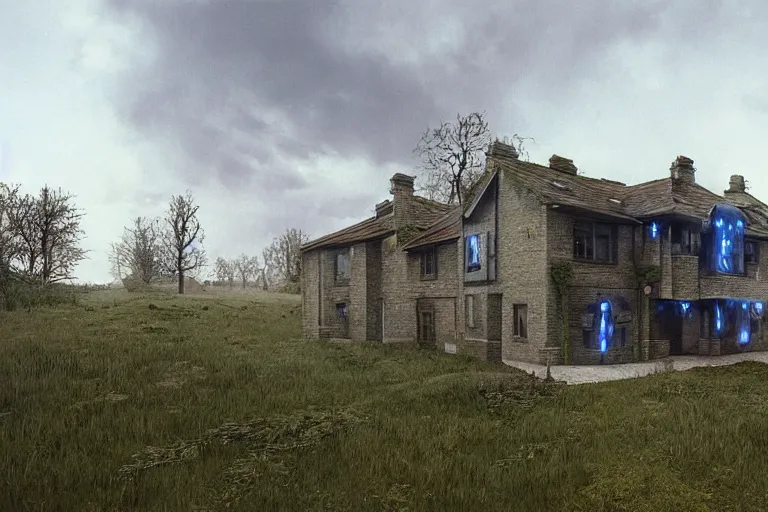 Image similar to cyberpunk, an estate agent listing photo of a 5 bedroom detached house in the countryside, by Beksinski, highly detailed, photorealistic, unreal engine, 8k, anamorphic, cinestill cinematrography