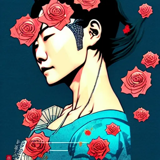 Image similar to portrait of japanese woman :: side profile :: in ocean :: clockwork details :: gold :: blood and roses :: by MARVEL comics and Sandra Chevrier