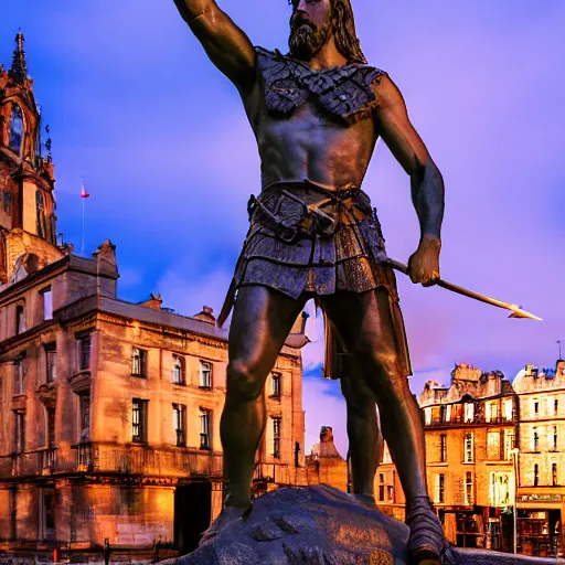 Image similar to a photorealistic marble statue of Mel Gibon’s William Wallace in a Scottish city a night, lit with dramatic lighting, using the golden circle ratio to frame the image correctly, 35mm wide shot, highly detailed