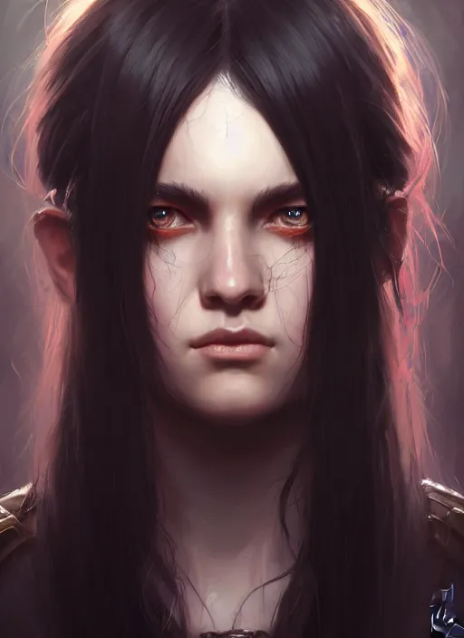 Image similar to a _ fantasy _ style _ portrait _ painting _ of young adult, black fringe hair, round face, rpg dnd oil _ painting _ unreal _ 5 _ daz. _ rpg _ portrait _ extremely _ detailed _ artgerm _ greg _ rutkowski _ greg