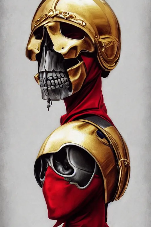 Image similar to ultra realistic illustration, 3 d render of a nun with a skull helmet red and gold accents, gothic, dark, hacknaut cyberpunk, sci - fi, fantasy, intricate, elegant, highly detailed, digital painting, artstation, concept art, smooth, sharp focus, illustration, art by artgerm and greg rutkowski and alphonse mucha