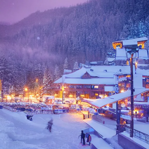 Prompt: cozy winter night at a ski resort, tilt - shift photography, highly detailed snow, low light, illuminated by street lights