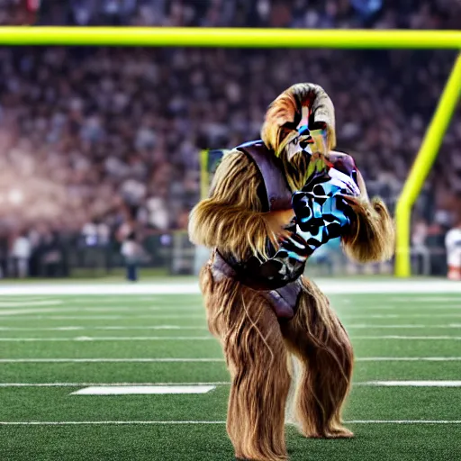 Image similar to replay of a football game with chewbacca as the quarterback, highly detailed, extremely high quality, hd, 4 k, 8 k, canon 3 0 0 mm, professional photographer, 4 0 mp, lifelike, top - rated, award winning, realistic, detailed lighting, detailed shadows, sharp, no blur, edited, corrected, trending