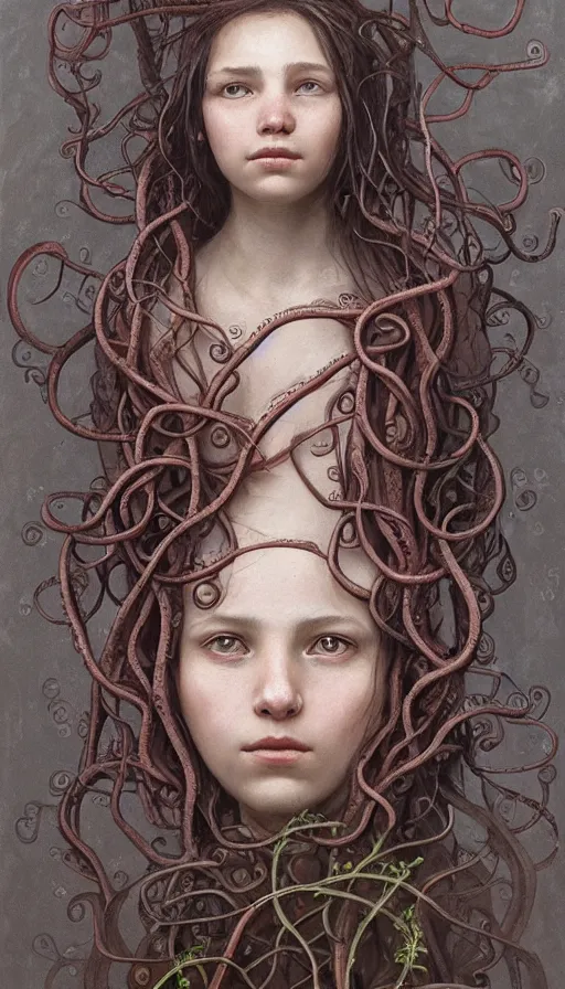 Prompt: very detailed portrait of a 2 0 years old girl surrounded by tentacles, the youg woman visage is blooming from fractal and vines, by jakub rozalski
