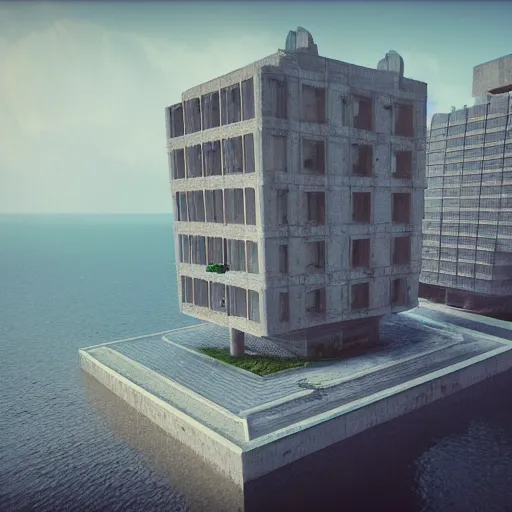 Prompt: communist buildings stand above the sea, brutalism, by zaoeyo ， highly detailed, cinematic landscape ， octane render ， trending on artstation,