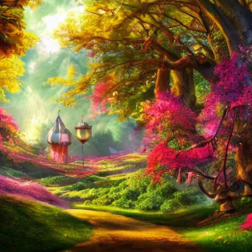 Prompt: alice in wonderland type of scenery. Vivid clolors. Computer art. Artstation. High resolution. 4k. - h 1200-n 9