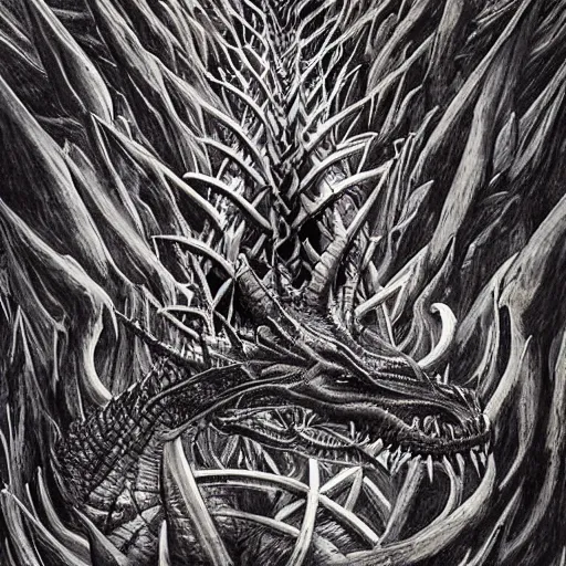 Prompt: a portrait of a dark entropy dragon, detailed, fantasy, scary, realistic, frightening, ornate, horns, spikes, incredible, masterpiece, amazing, wow!, sense of awe, award winning, greg rutowski, bosch, mc escher, dali