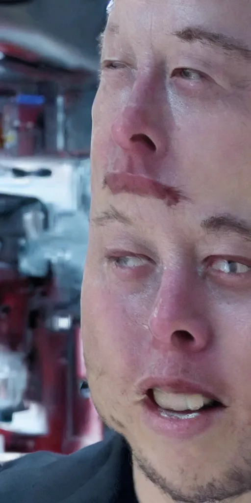 Prompt: cropped close up of elon musk crying and serving you at a fast food restraunt, hyperrealistic, dramatic lighting