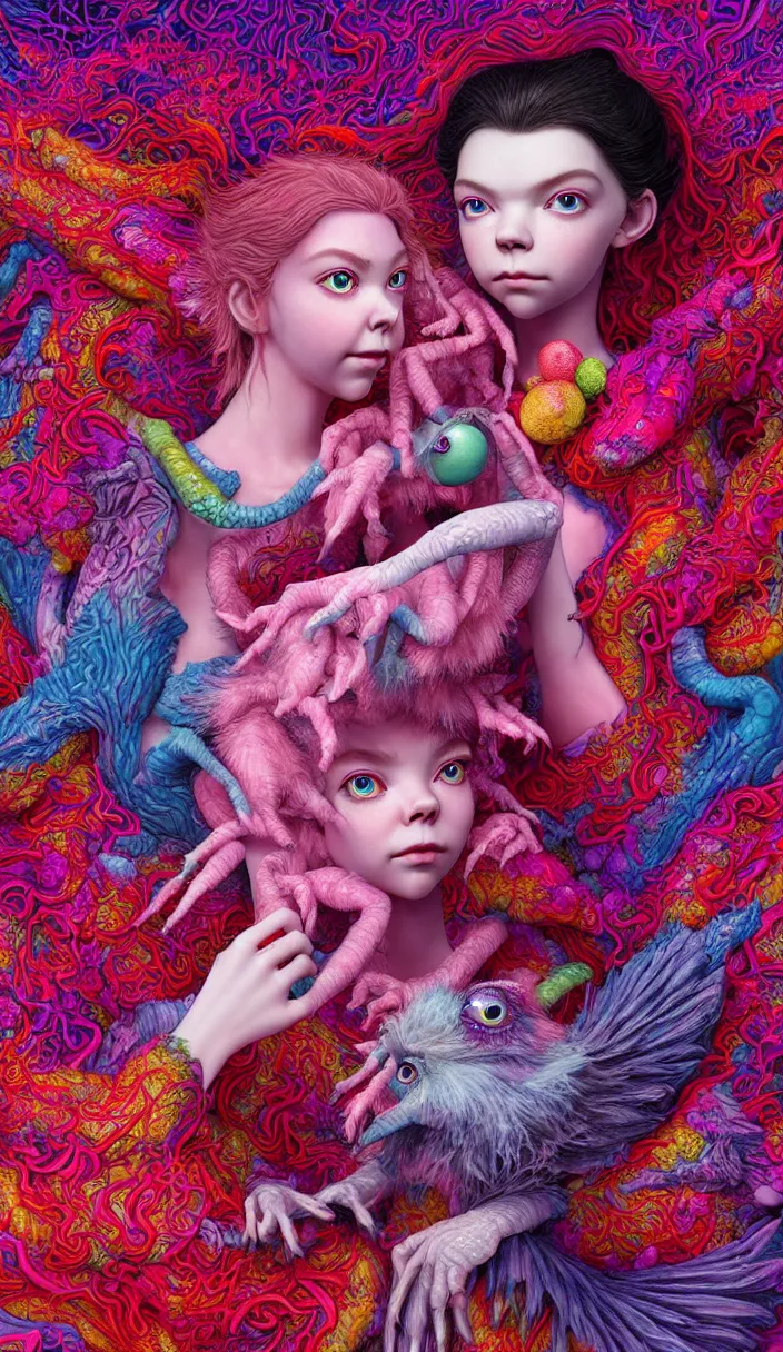 Image similar to hyper detailed 3d render like a Oil painting - kawaii portrait of two Aurora (a beautiful skeksis muppet fae princess protective playful silly from dark crystal that looks like Anya Taylor-Joy) seen red carpet photoshoot in UVIVF posing in scaly dress to Eat of the Strangling network of yellowcake aerochrome and milky Fruit and His delicate Hands hold of gossamer polyp blossoms bring iridescent fungal flowers whose spores black the foolish stars by Jacek Yerka, Ilya Kuvshinov, Mariusz Lewandowski, Houdini algorithmic generative render, Abstract brush strokes, Masterpiece, Edward Hopper and James Gilleard, Zdzislaw Beksinski, Mark Ryden, Wolfgang Lettl, hints of Yayoi Kasuma and Dr. Seuss, octane render, 8k