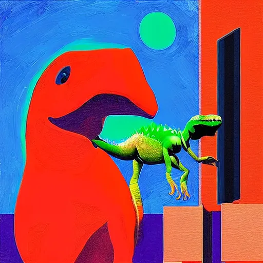 Prompt: “dinosaur singing karaoke detailed trex happy podcast national geographic figure dramatic lighting proportional symmetrical minimalism Edward Cooper Matisse digital art oil painting”