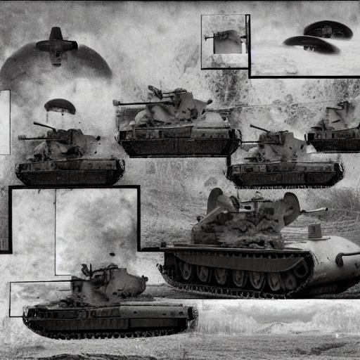 Prompt: photomontage of tanks and fungi by john heartfield, photographic, black and white, detailed, masterpiece, fine art, photomontage, museum quality