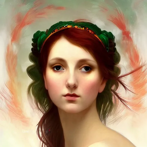 Image similar to a beautiful stunning fantasy whimsical matte digital portrait illustration of a pretty womam with bright green eyes and fiery red hair with a green bird on her shoulder, in the style of William Adolphe-Bouguereau and Marc Simonetti, magic the gathering, trending on artstation, contest winner