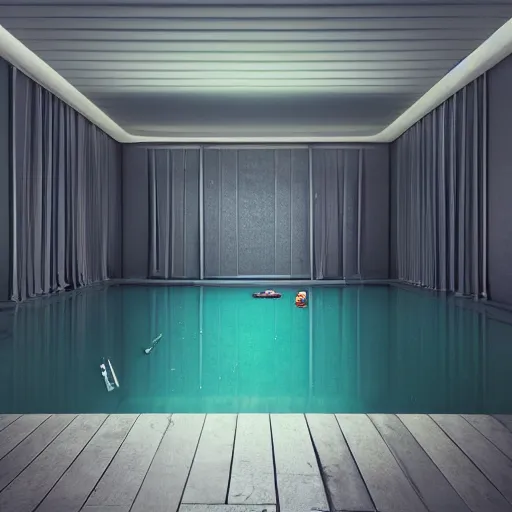 Prompt: 3 d octane render of a liminal space, liminal spaces, backrooms, pool rooms, chibi ryan gosling in the backrooms, octane render, 8 k, 4 k