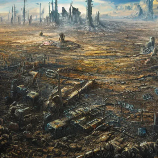 Image similar to a post-apocalyptic civilisation after a nuclear war has ravaged the land, oil on canvas, pastel colours, uplifting, 8k render, extremely detailed