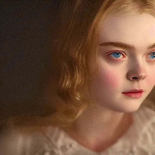 Prompt: Elle Fanning in Santorini at night, head and shoulders portrait, stormy weather, extremely detailed masterpiece, Roger Deakin’s cinematography, oil on canvas, Norman Rockwell,