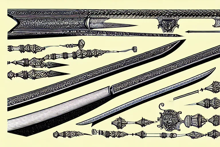 Image similar to schematic diagram of a longsword, ultra detailed, 4 k, papyrus, intricate, encyclopedia illustration, fine inking lines