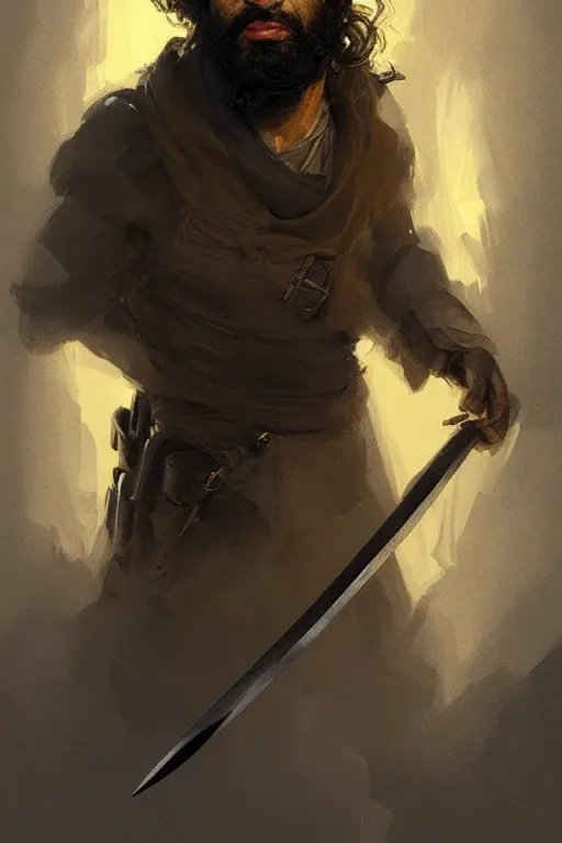 Image similar to Arab man light beard, curly hair, swordsman, modern, hero, yellow and charcoal leather, highly detailed, digital painting, artstation, concept art, sharp focus, illustration, by greg rutkowski