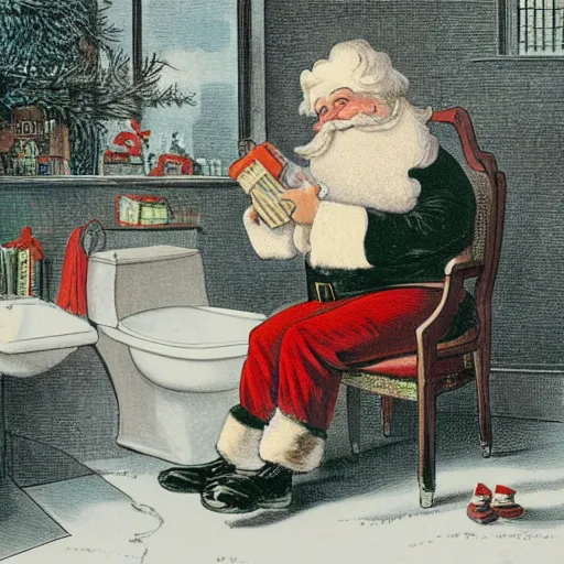 Image similar to currier and ives print showing santa claus on a toilet with his pants around around his ankles, highly detailed, family friendly