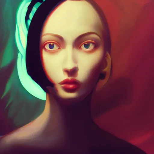 Image similar to a painting of a pale woman with black hair and a crown on her head standing in front of a statue, a screenshot by stanley twardowicz, cgsociety, aestheticism, aesthetic, vaporwave, anime aesthetic,