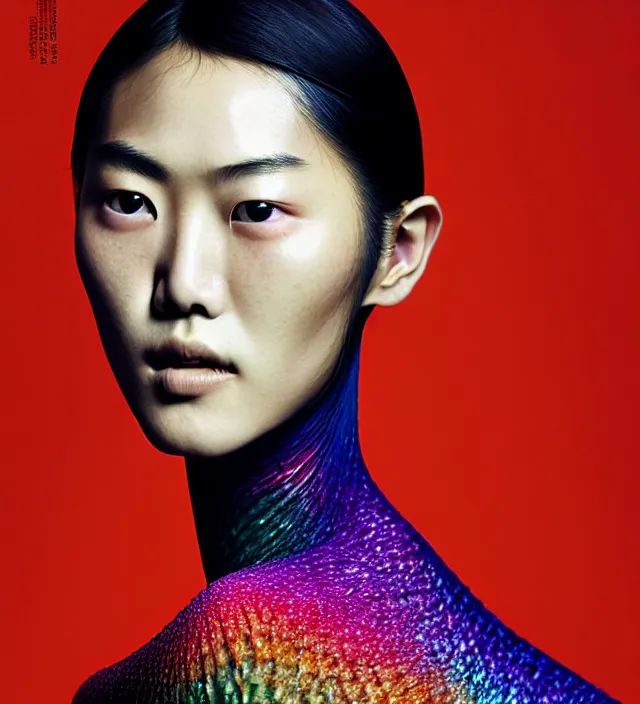 Image similar to photography facial portrait of liu wen, natural background,. natural pose, wearing stunning cloth by iris _ van _ herpen, with a colorfull makeup. highly detailed, skin grain detail, photography by paolo roversi, nick knight, helmut newton, avedon, araki