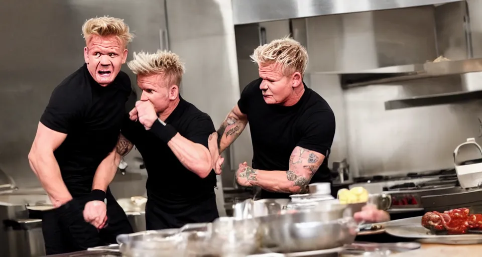 Image similar to photo of angry furious Gordon Ramsay punching Gordon Ramsay at the kitchen