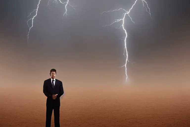 Image similar to a cinematic portrait photograph of a man dressed in a business suit in a desert, dust storm, thunder and lightning, lee madgwick and zack snyder, 8 k, hd, high resolution, 3 5 mm, f / 3 2, tenet