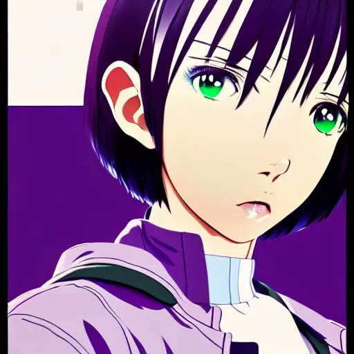 Prompt: anime poster film still portrait, african american young woman, purple colored eyes, white french bob, green colored bomber jacket, detailed facial features, dynamic pose, cute face by ilya kuvshinov, yoh yoshinari, makoto shinkai, rimlight, cel shaded, 4 k