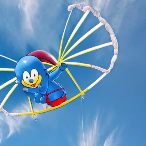 Prompt: photo of super fat doraemon skydiving while waving at the camera