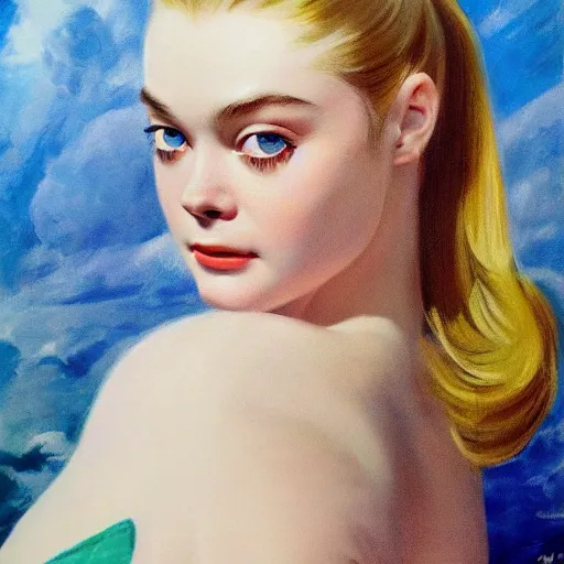 Prompt: ultra realistic portrait painting of elle fanning in a 6 0 s ad, art by frank frazetta, 4 k, ultra realistic, highly detailed, epic lighting