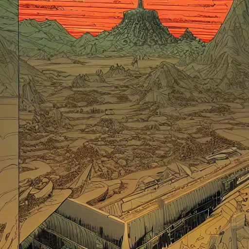 Prompt: an epic horrifying fantastic hyperdetailed matte painting beautiful retro sci fi landscape, by moebius by geoff darrow by dan mumford