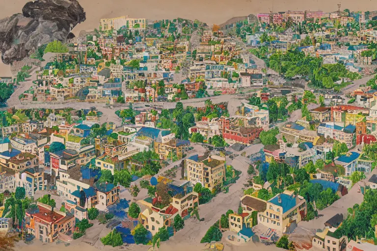 Image similar to an elaborate and dense painting of a peaceful neighborhood in the 1 9 5 0 /, made of alcohol ink on parchment, by wes anderson and geoff darrow