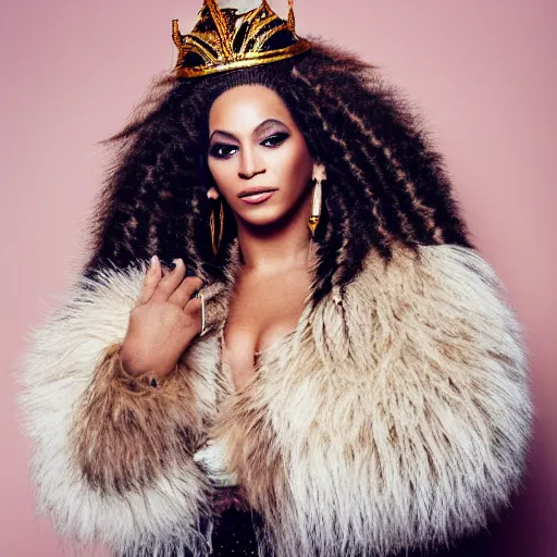 Image similar to cream - colored havanese dressed as beyonce, hair in weaves, wearing a fur coat, urban background, magazine photography