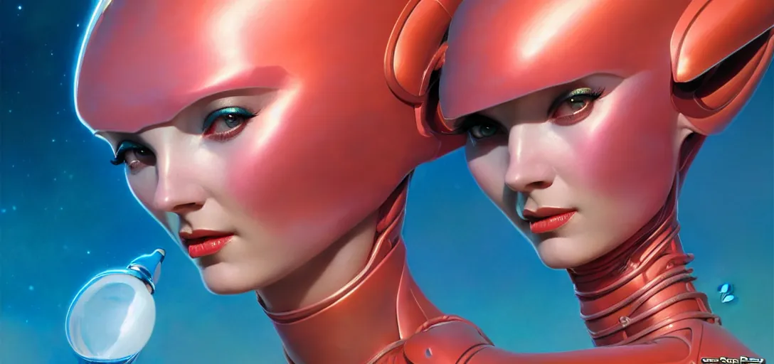 Prompt: portrait of a cute alien woman wearing shiny plastic armor in the style of roger dean and alberto vargas and stefan kostic, realistic, photoreal, sharp focus, 8 k high definition, insanely detailed, intricate, elegant, art by greg rutkowski and artgerm, extreme blur coral reef background