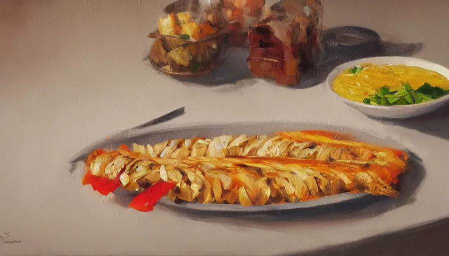 Image similar to durum kebab, oil painting by jama jurabaev, brush hard, artstation, for aaa game, high quality, brush stroke