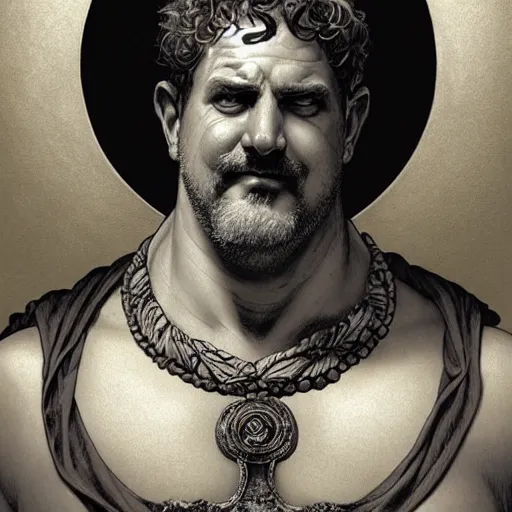 Prompt: Ethan Van Sciver as Greek god Bacchus, bald head, grey beard, pointed nose, gorgeous, amazing, fat, intricate, highly detailed, digital painting, artstation, concept art, sharp focus, illustration, art by greg rutkowski and alphonse mucha