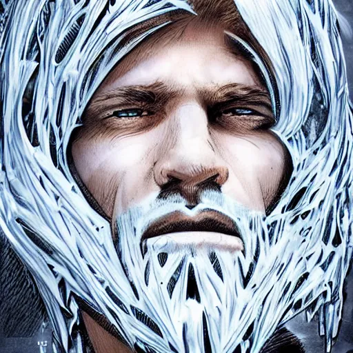 Image similar to man portrait made out of ice, beautiful, cyborg, comic book art, highly detailed, blond hair