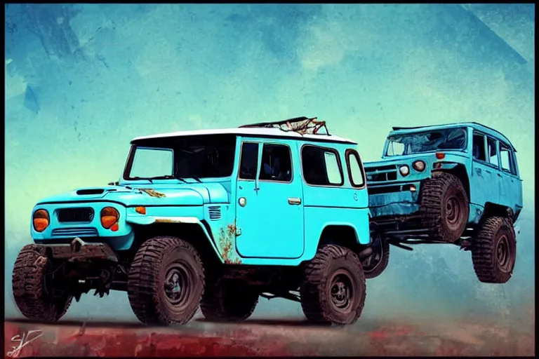 Image similar to digital illustration of a faded cyan mad max's fj 4 0 decrepit!!!! pursuit special, rusty!!! nissan fj cruiser heavily modded 1 9 9 0 s, the last v 8 interceptor by makoto shinkai, ilya kuvshinov, lois van baarle, rossdraws, basquiat