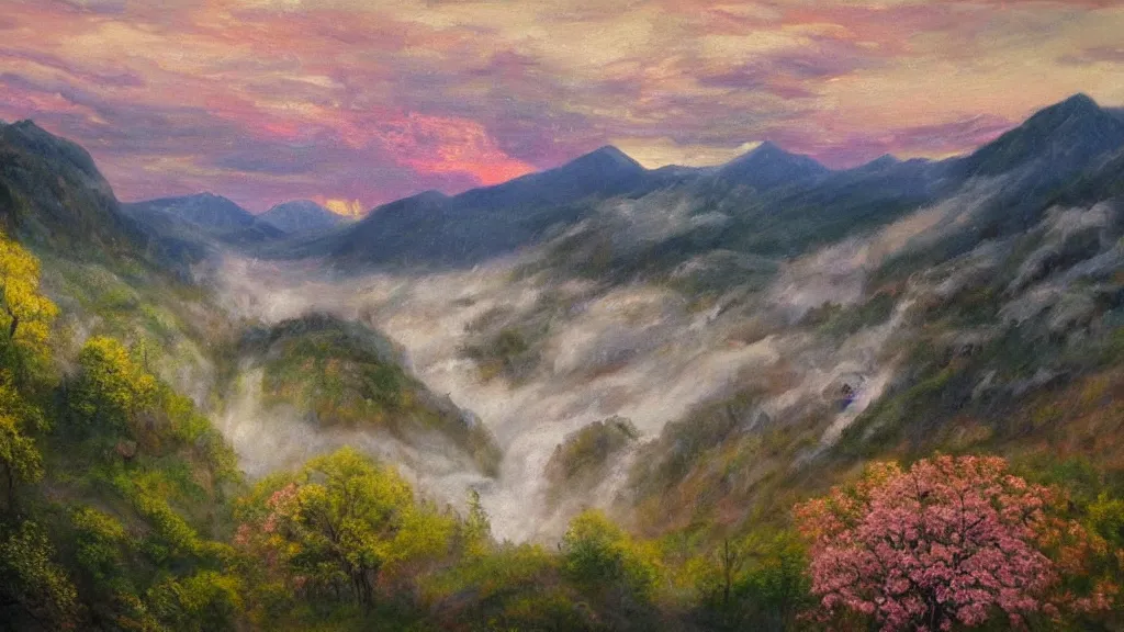 Image similar to The most beautiful panoramic landscape, oil painting, where a giant dreamy waterfall creates a river, it is winding its way through the valley and the trees are starting to bloom in pink colors, the mountains are towering over the valley below their peaks shrouded in mist, the sun is just peeking over the horizon producing an awesome flare and the sky is ablaze with warm colors and stratus clouds, by Greg Rutkowski, aerial view