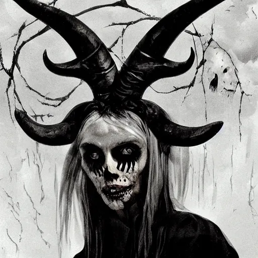 Image similar to close up portrait of a scandinavian undead witch female with ram horns, satanic kvlt by peder balke by peder balke by greg rutkowski, by guido crepax by norman bluhm mystic high contrast monochromatic noir angst pagan magic symbols