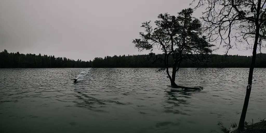 Image similar to symmetrical photograph of a very long rope on the surface of the water, the rope is snaking from the foreground towards the center of the lake, a dark lake on a cloudy day, trees in the background, moody scene, dreamy kodak color stock, anamorphic lens