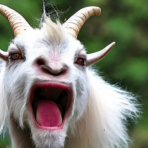 Prompt: screeching mutant goat monster with bug sharp teeth and filthy white matted fur
