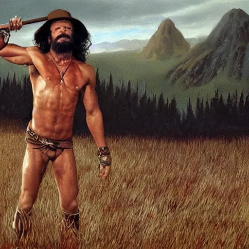 Prompt: randy savage with a ladder posing in grassy plains | fantasy painting | middle earth | game of thrones | conan | barbarian