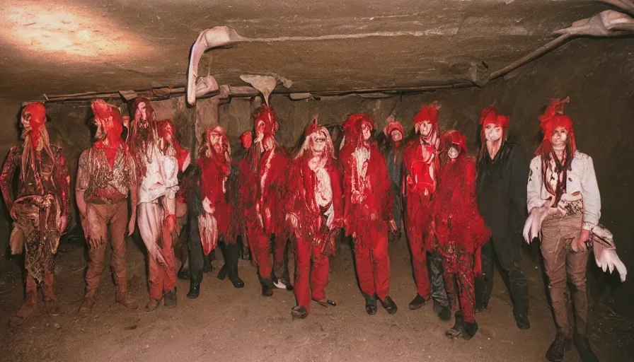 Image similar to high realistic photo portrait of esoteric tribes members with taxidermic flesh bloody jaw and elaborate red clothes in a empty tunnel, cinestill 800t 35mm, heavy grain, high quality,