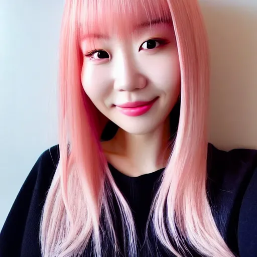 Image similar to beautiful hyperrealism selfie of nikki 苏 暖 暖 from shining nikki, a cute 3 d young woman smiling softly, long light pink hair and full bangs, flushed face, blushing, small heart - shaped face, soft features, amber eyes, chinese heritage, golden hour, 8 k, sharp focus, instagram