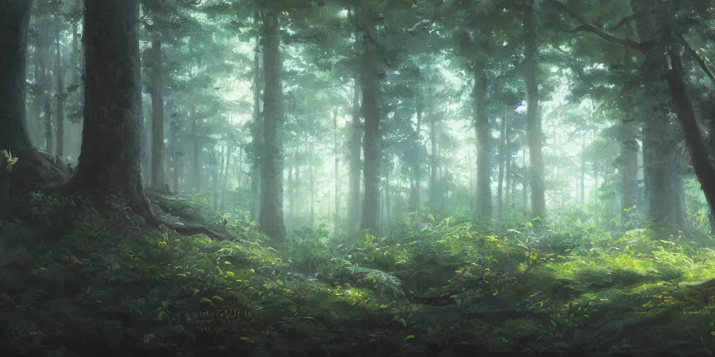 Prompt: a forest, cinematic angle, studio Ghibli, cinematic lighting, digital art, detailed oil painting, hyperrealistic, 8k