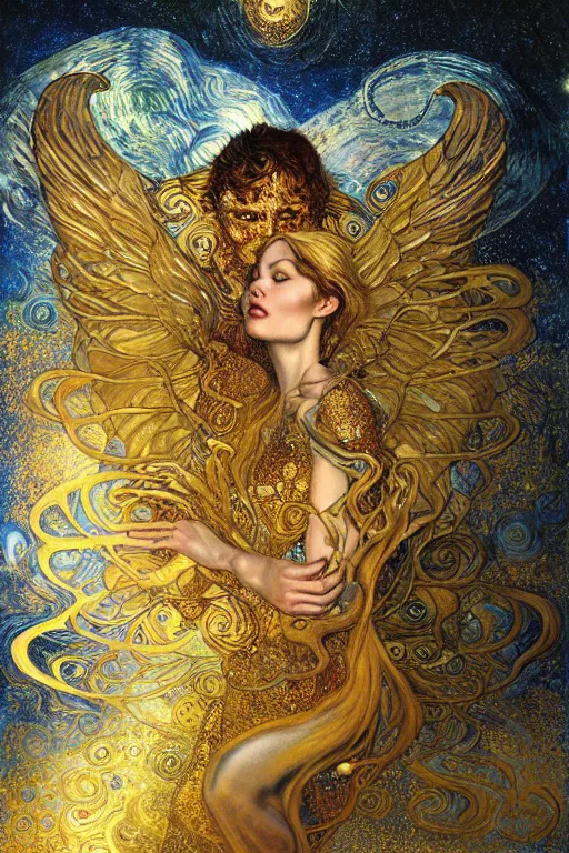 Image similar to Visions of Paradise by Karol Bak, Jean Deville, Gustav Klimt, and Vincent Van Gogh, visionary, otherworldly, celestial, radiant halo, fractal structures, infinite angelic wings, ornate gilded medieval icon, third eye, spirals, heavenly spiraling clouds with godrays, airy colors