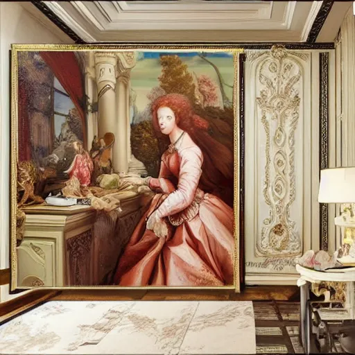 Prompt: renaissance oil painting, rococo, manga skinny female artist gestural painting brush freely giant wall size computer screen and keyboard, dolls