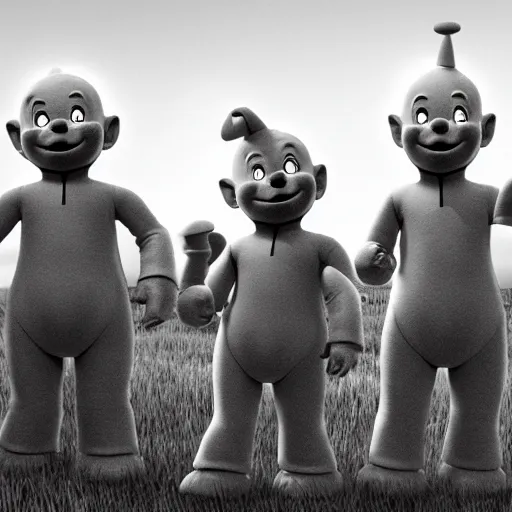 Prompt: A group of 4 Teletubbies, laughing as they make a human sacrifice for their demonic cult in their Teletubby temple. Highly detailed, rendered in unreal engine 5, daguerreotype portrait.