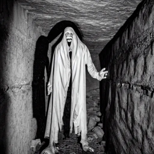 Prompt: creepy, incredibly tall, skinny and pale creature lurking in the catacombs and smiling at the camera captured on film camera