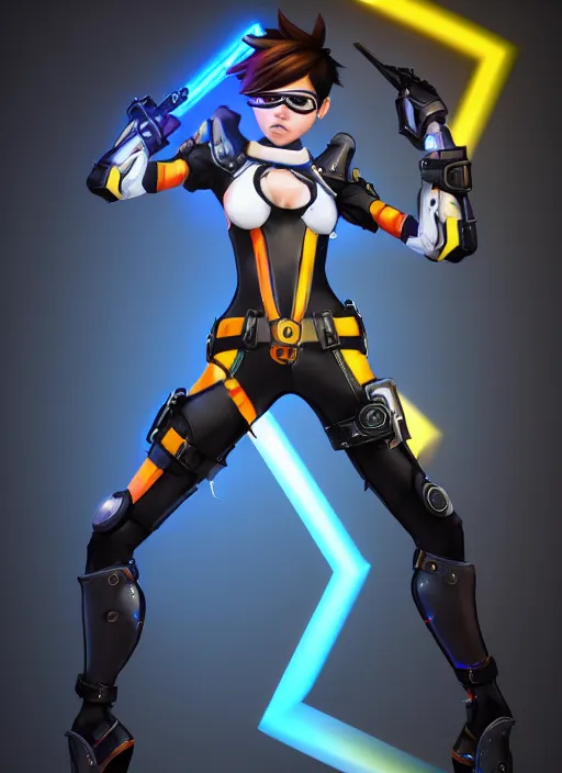 Image similar to full body digital artwork of tracer overwatch, confident pose, wearing black iridescent rainbow latex, 4 k, expressive happy smug expression, makeup, in style of mark arian, wearing detailed black leather collar, wearing sleek armor, black leather harness, expressive detailed face and eyes,